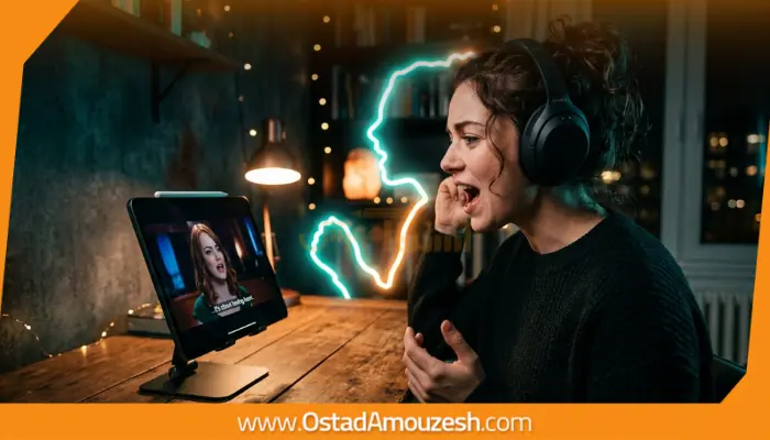 شخصی که تکنیک سایه را برای بهبود صحبت کردن در زبان تمرین می‌کند