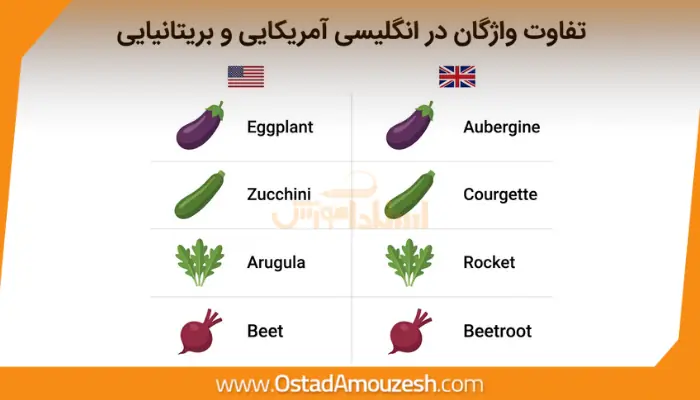اینفوگرافیک تفاوت اسامی میوهها و سبزیجات در لهجه آمریکایی و بریتانیایی