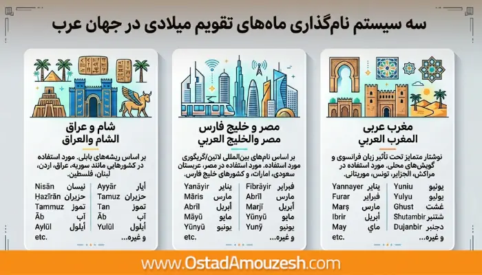 اینفوگرافیک مقایسه نام ماههای میلادی در کشورهای مختلف عربی